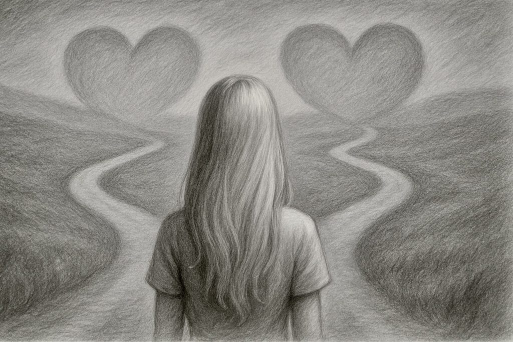 Eine junge Frau steht an einem Scheideweg: Beide Pfade führen zu einem großen Herz. Kann man zwei Menschen gleichzeitig lieben?