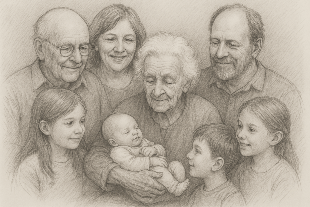Eine UrUr-Oma ist von ihren Nachkommen umgeben.
