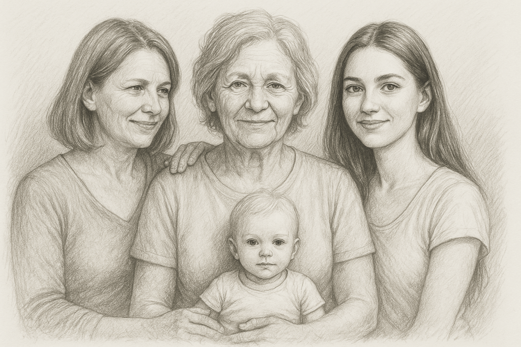 Uroma, Oma, die junge Mama und das Baby als Bleistiftzeichnung: Vier Generationen auf einem Foto