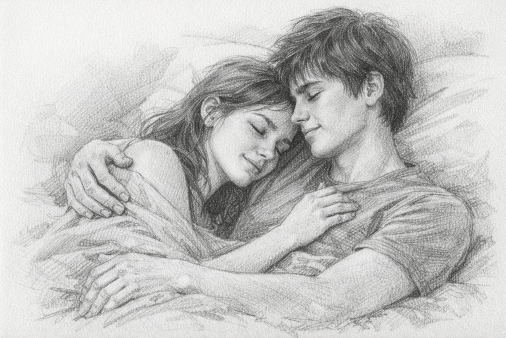 Zarte Bleistiftzeichnung zweier Jugendlicher, die nach einem intensiven Moment ruhig beieinander liegen und Geborgenheit ausstrahlen.