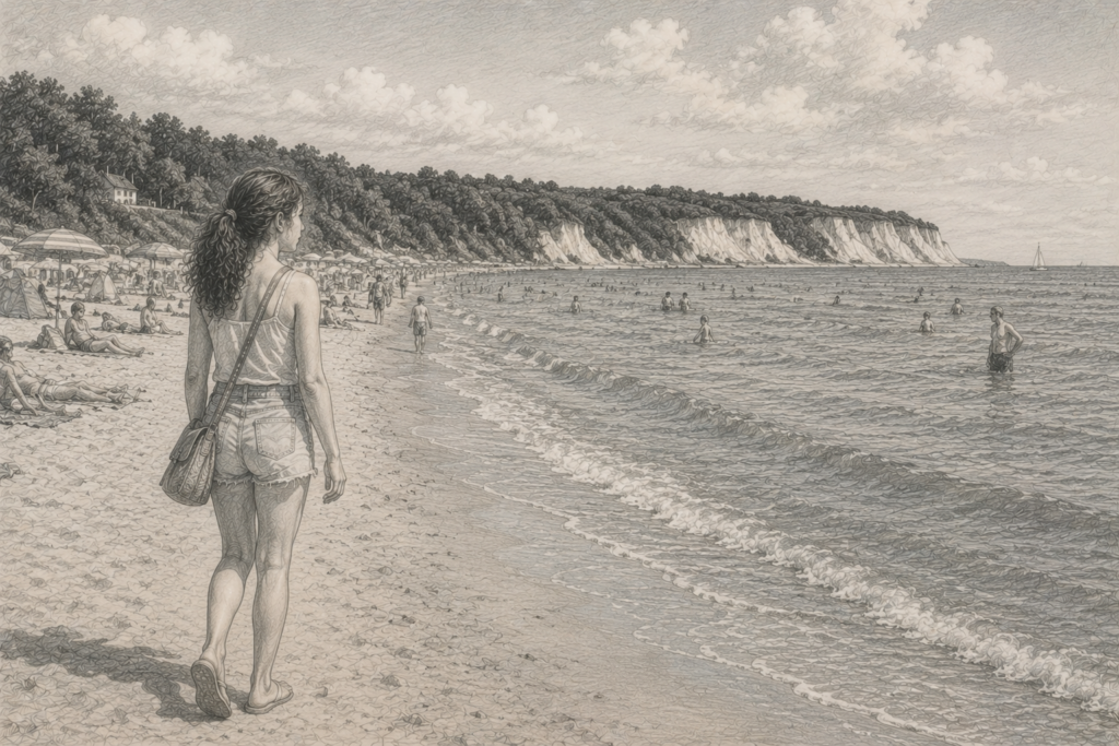 Bleistiftzeichnung eines fünfzehnjährigen Mädchens an einem belebten Ostseestrand der DDR. In der Ferne liegt eine Steilküste, hinter der bereits Westdeutschland beginnt.