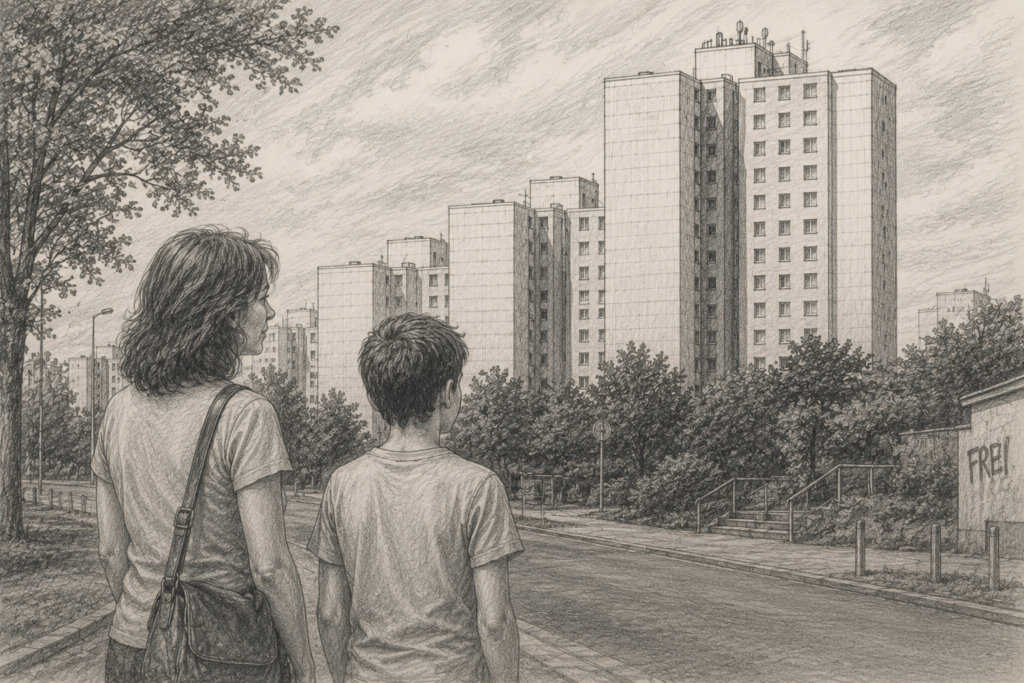 Bleistiftzeichnung einer Frau mit ihrem zwölfjährigen Sohn in einer Straße vor DDR-Plattenbauten. Beide betrachten die Häuser, die für die Mutter in ihrer Kindheit unerreichbar waren.
