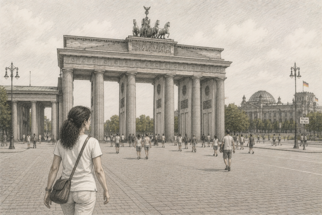 Bleistiftzeichnung einer etwa fünfzigjährigen Frau vor dem geöffneten Brandenburger Tor nach der Wiedervereinigung. Menschen gehen frei über den Platz, die Berliner Mauer ist verschwunden.