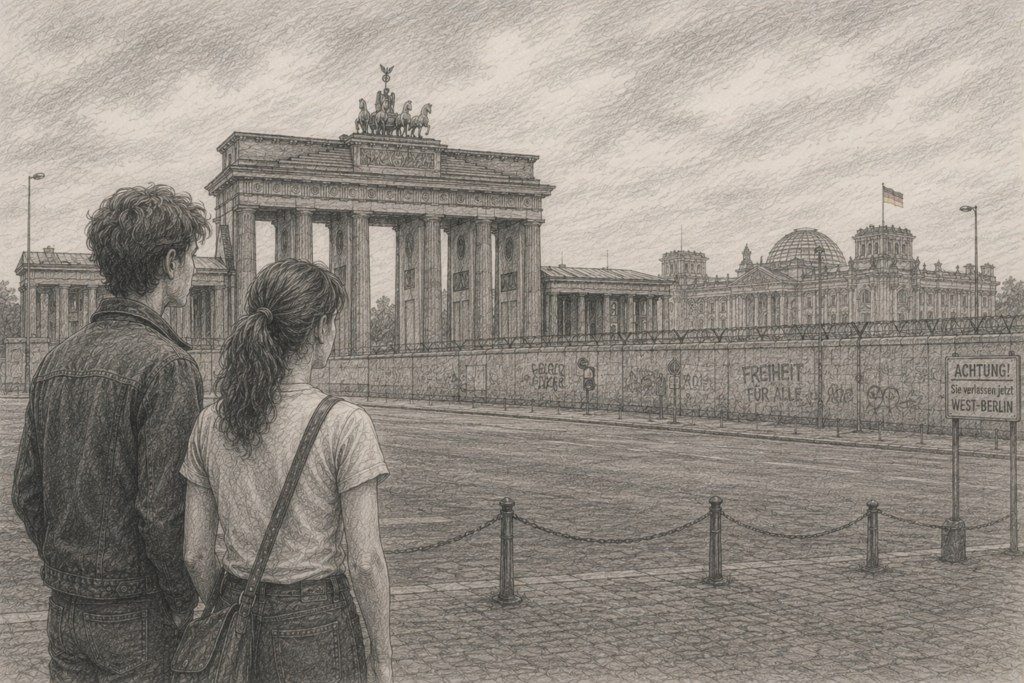 Bleistiftzeichnung eines jungen Paares vor dem Brandenburger Tor während der deutschen Teilung. Hinter dem Tor verläuft die Berliner Mauer, rechts davon ist der Reichstag mit der Flagge der Bundesrepublik zu sehen.